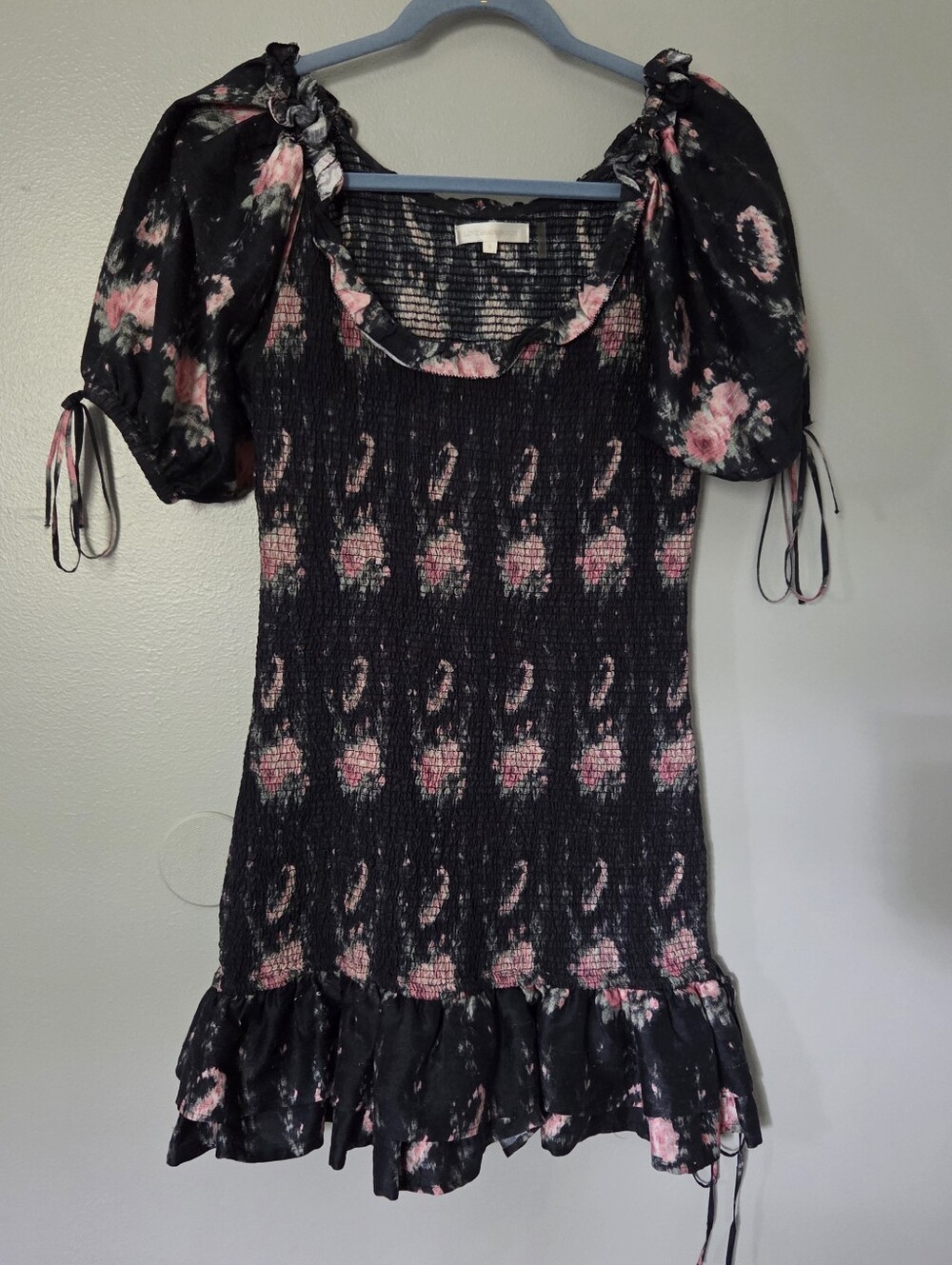 LoveShackFancy Women's Black Floral Smocked 100% Silk Boho Mini Dress Sz L - Picture 7 of 13
